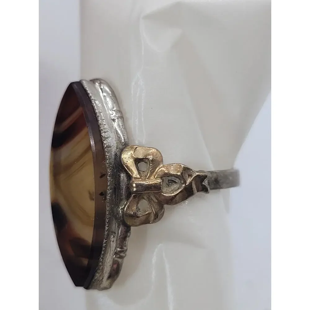 Vintage Banded Agate Ring 10K Gold Sterling Silver Marquise Statement